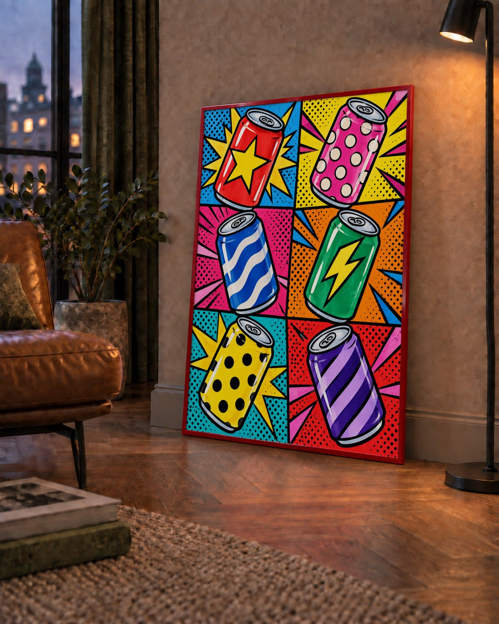 Pop Art Kutu İçecekler – Renkli Çizgi Roman Poster — çerçeveli hâliyle bir ev duvarında