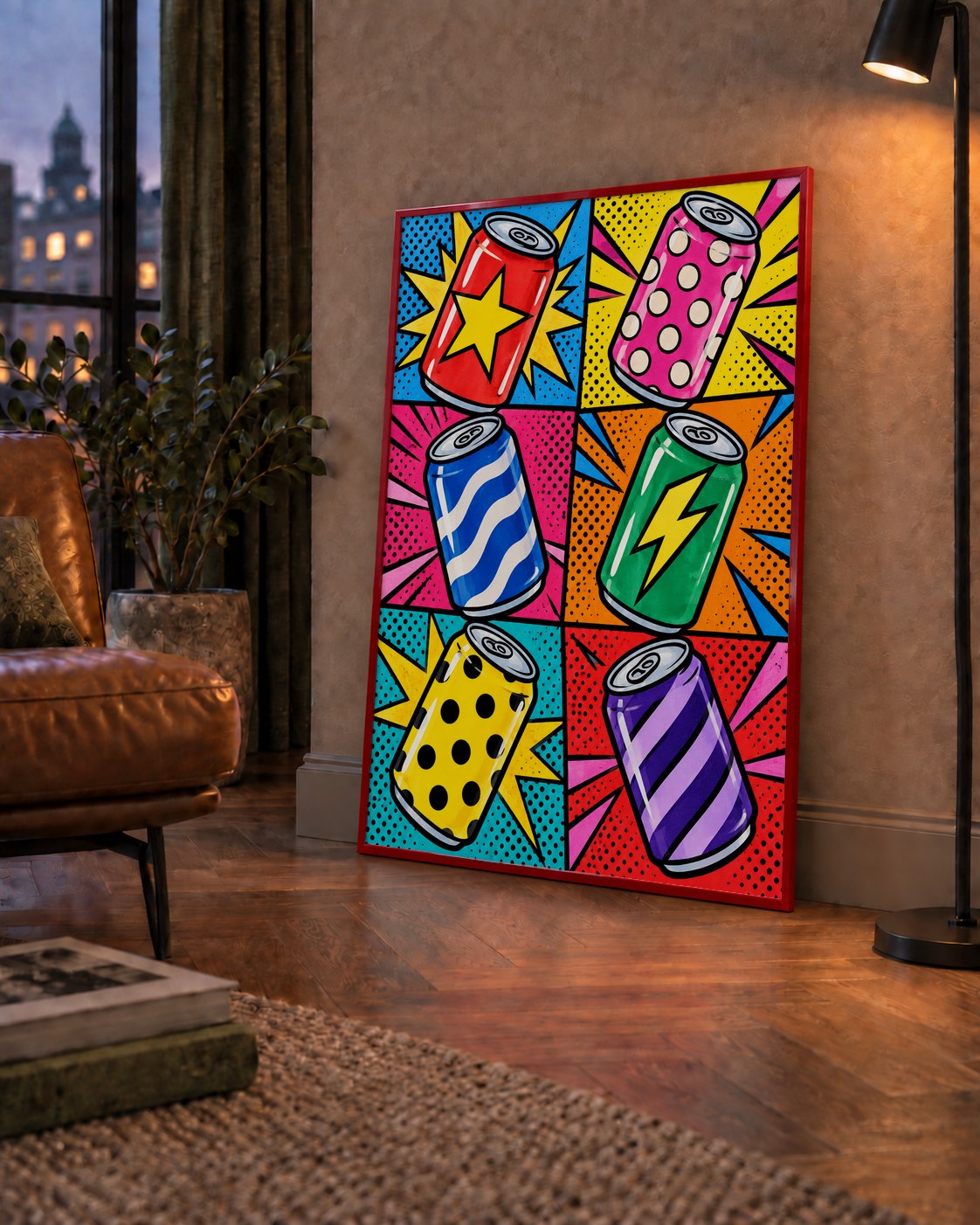 Pop Art Kutu İçecekler – Renkli Çizgi Roman Poster — çerçeveli hâliyle bir ev duvarında