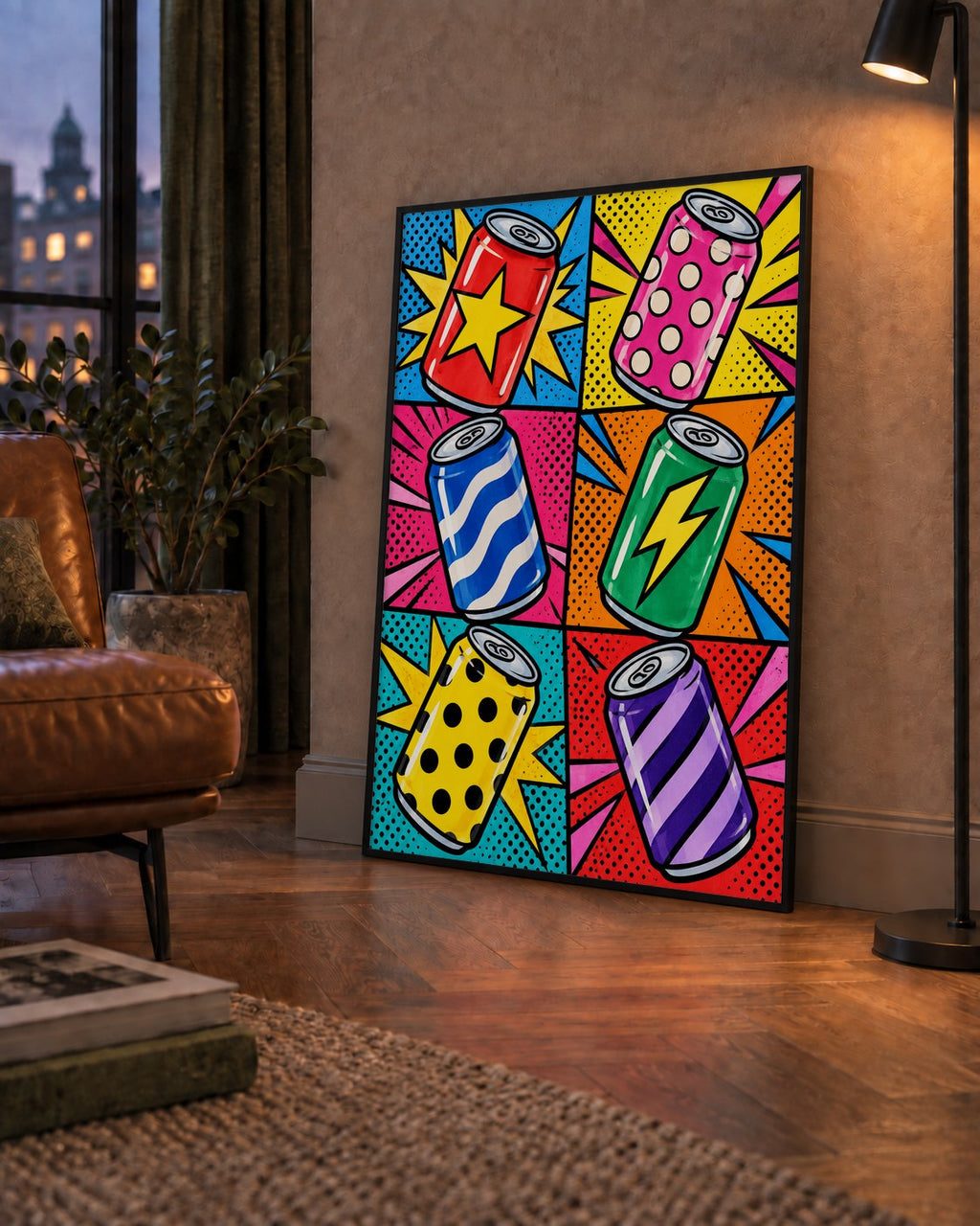 Pop Art Kutu İçecekler – Renkli Çizgi Roman Poster — çerçeveli hâliyle bir ev duvarında