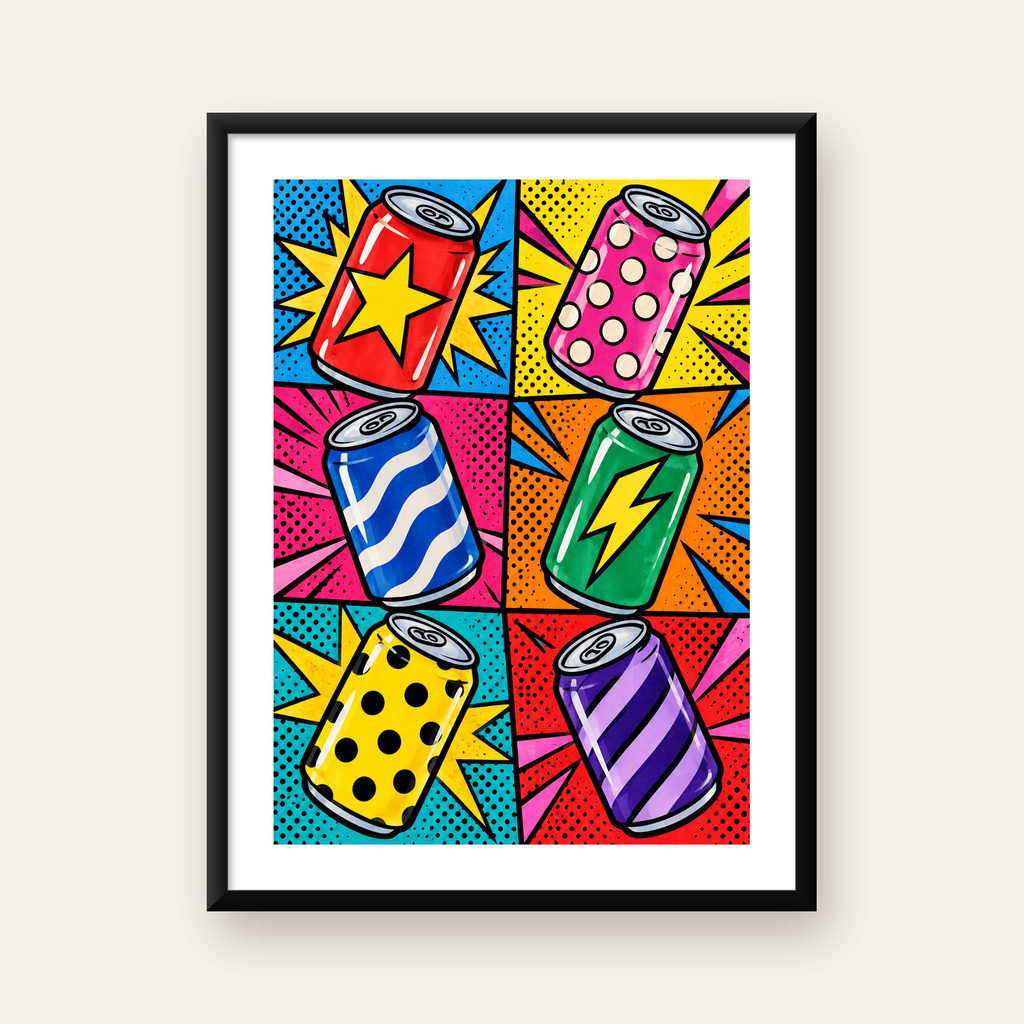 Pop Art Kutu İçecekler – Renkli Çizgi Roman Poster — Dikey baskı, beyaz paspartulu