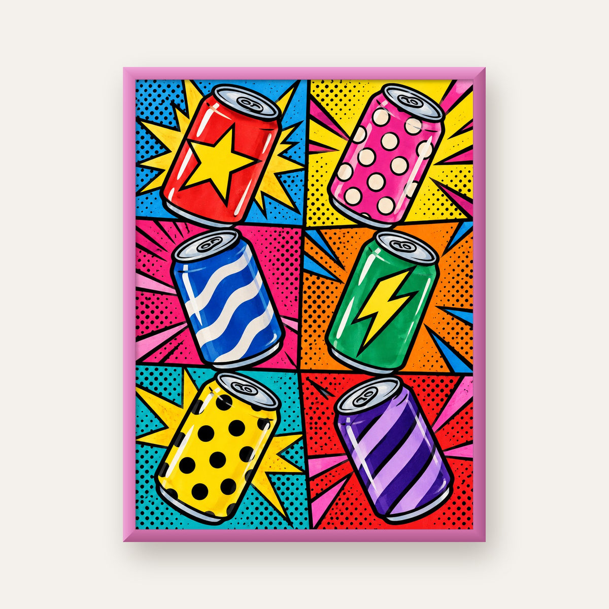 Pop Art Kutu İçecekler – Renkli Çizgi Roman Poster — pembe çerçeveli