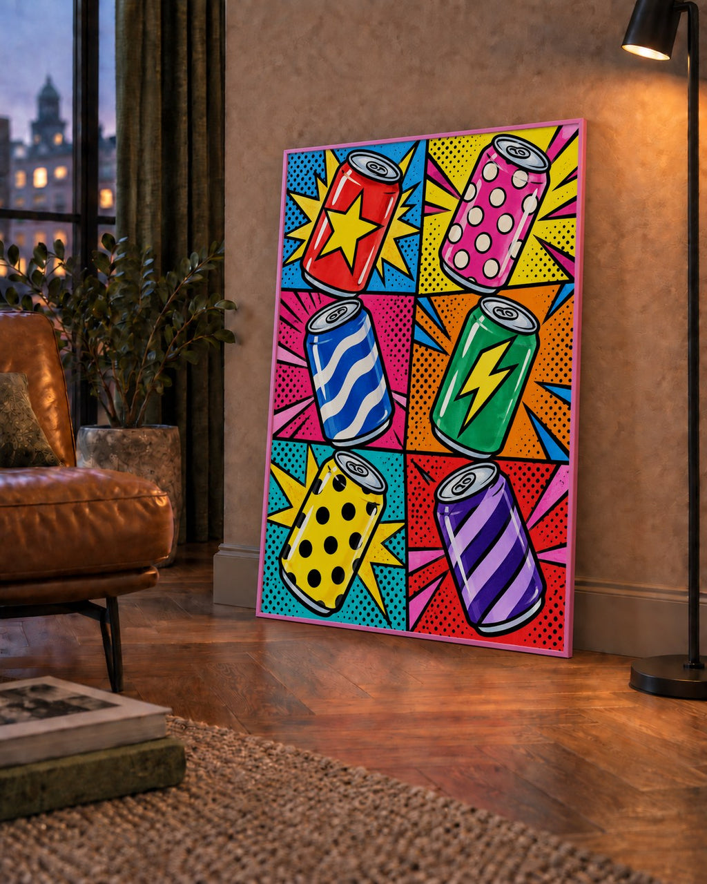 Pop Art Kutu İçecekler – Renkli Çizgi Roman Poster — çerçeveli hâliyle bir ev duvarında