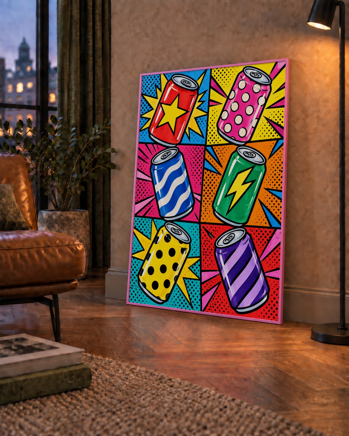 Pop Art Kutu İçecekler – Renkli Çizgi Roman Poster — çerçeveli hâliyle bir ev duvarında