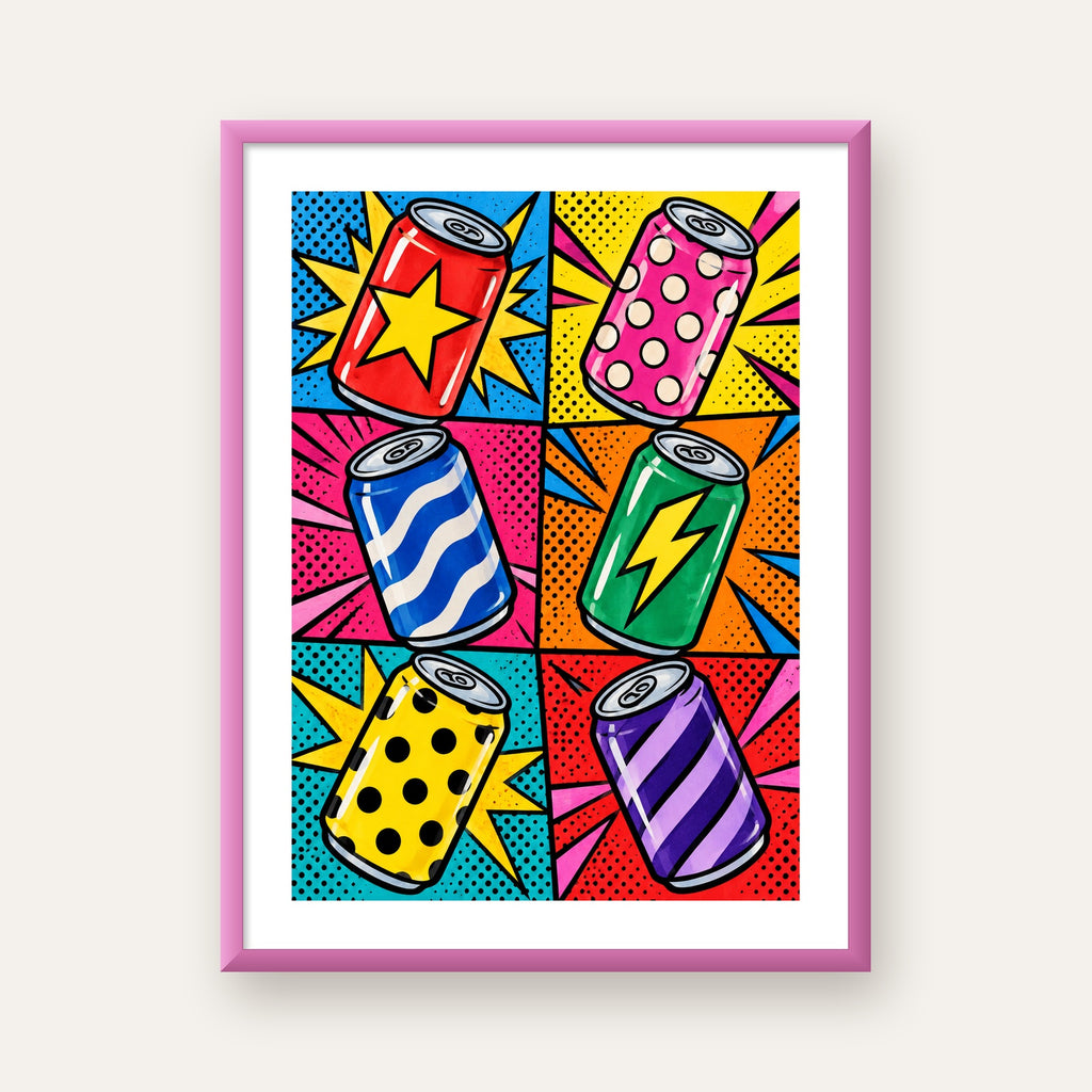 Pop Art Kutu İçecekler – Renkli Çizgi Roman Poster — pembe çerçeveli paspartulu