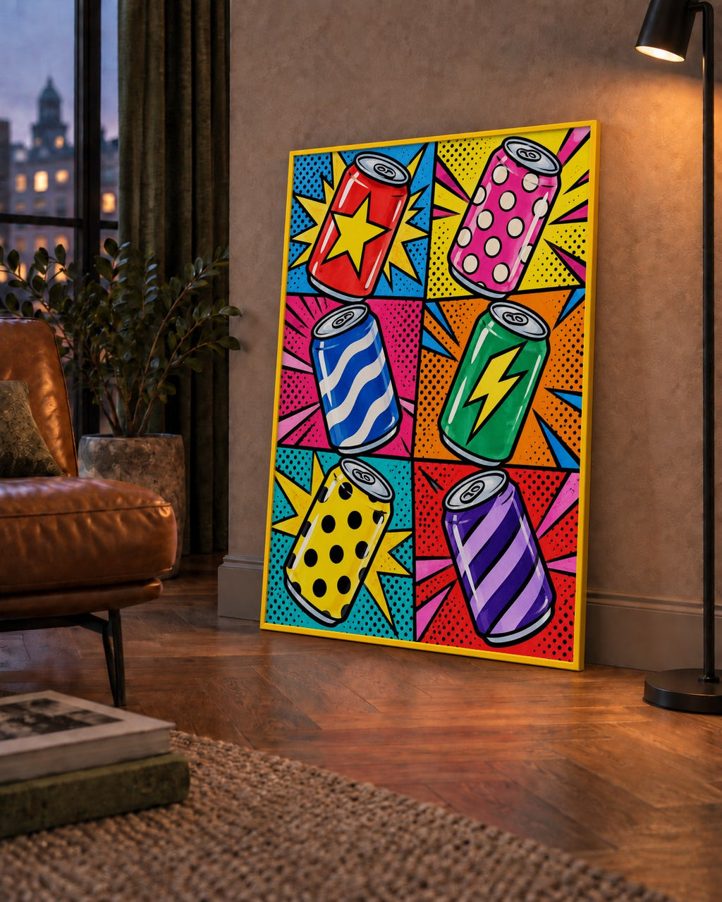 Pop Art Kutu İçecekler – Renkli Çizgi Roman Poster — çerçeveli hâliyle bir ev duvarında