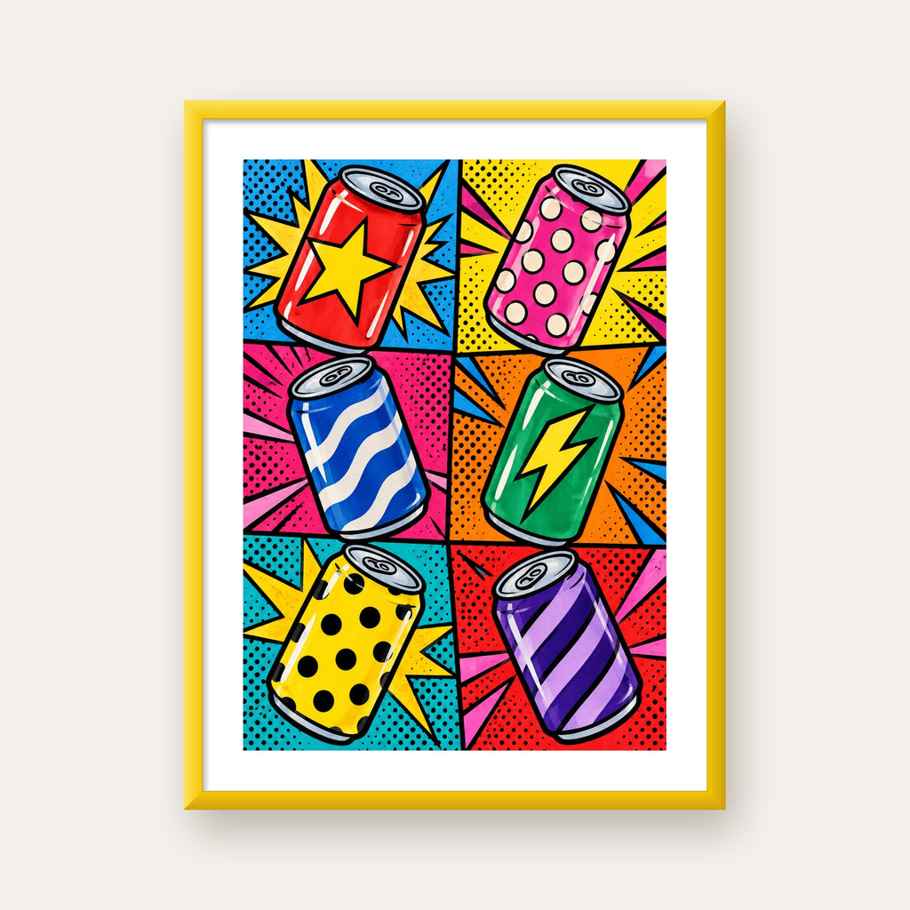 Pop Art Kutu İçecekler – Renkli Çizgi Roman Poster — sarı çerçeveli paspartulu