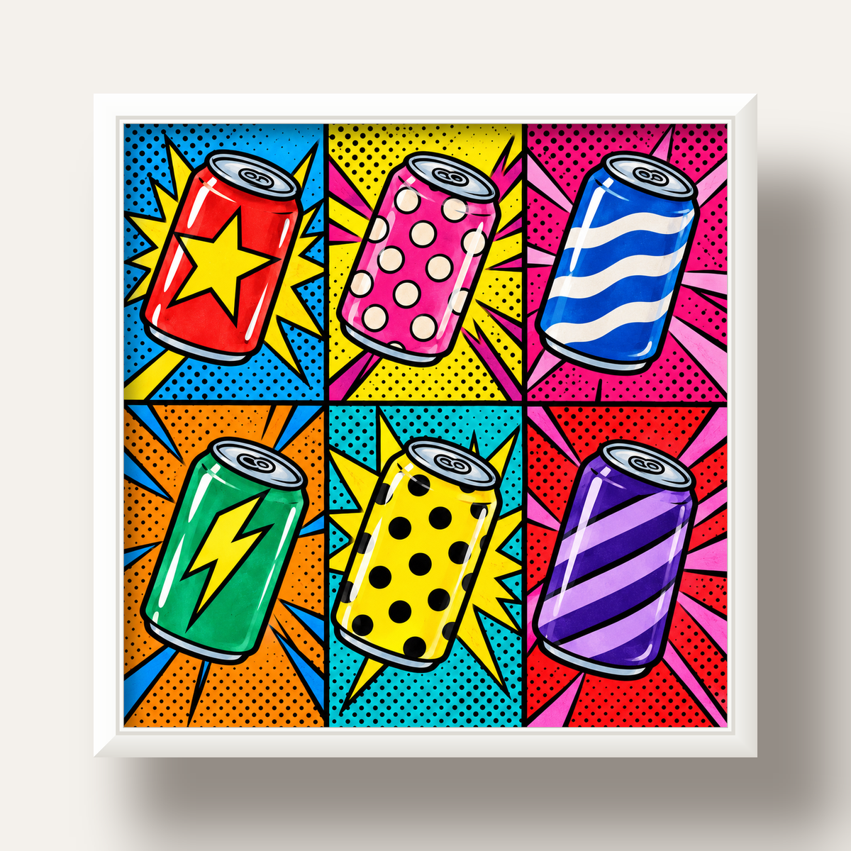 Pop Art Kutu İçecekler – Renkli Çizgi Roman Poster — beyaz derin çerçeveli