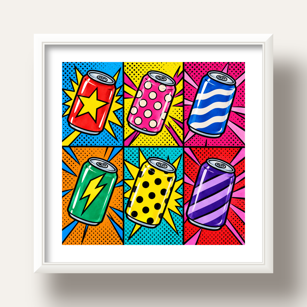 Pop Art Kutu İçecekler – Renkli Çizgi Roman Poster — beyaz derin çerçeveli paspartulu