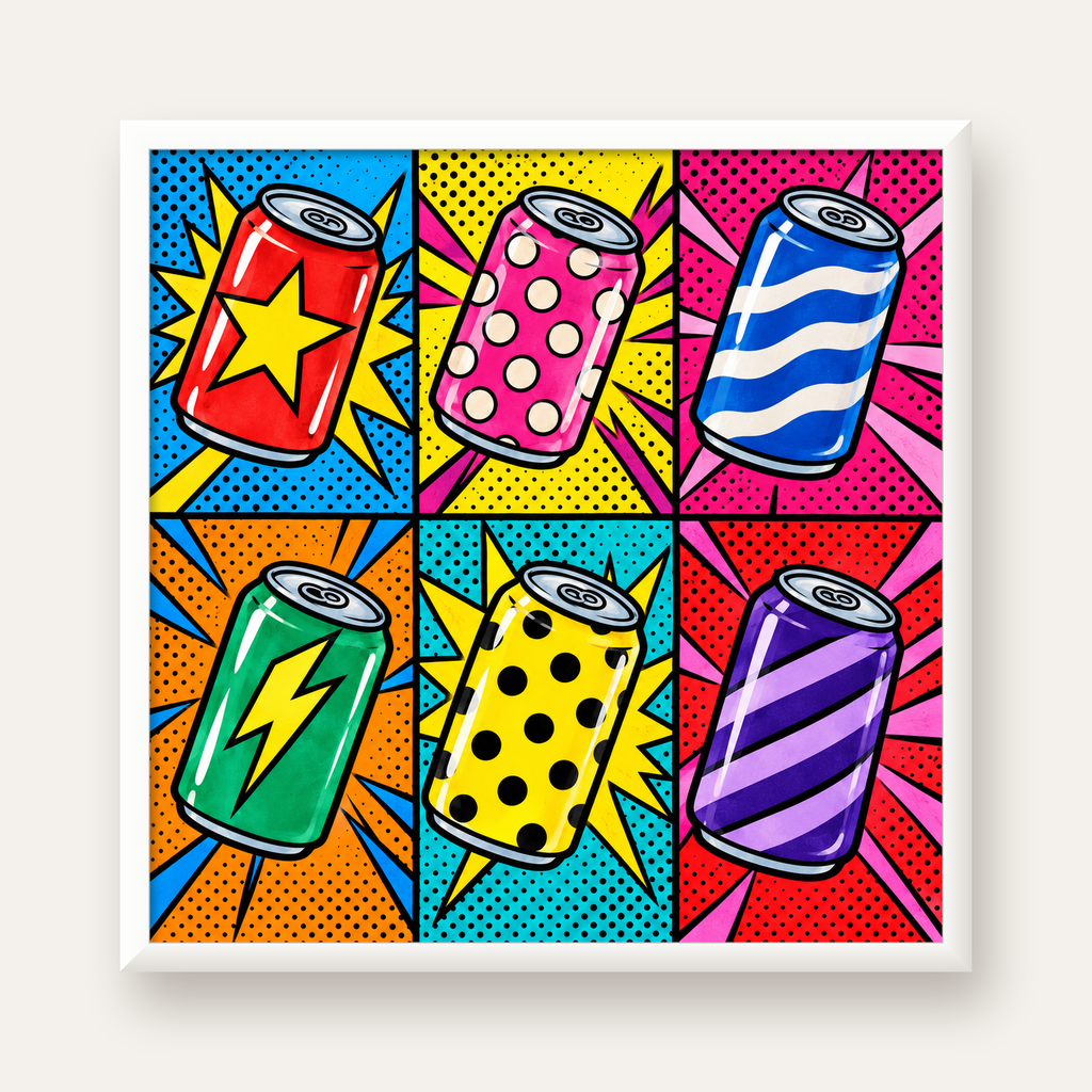 Pop Art Kutu İçecekler – Renkli Çizgi Roman Poster — beyaz çerçeveli kare poster