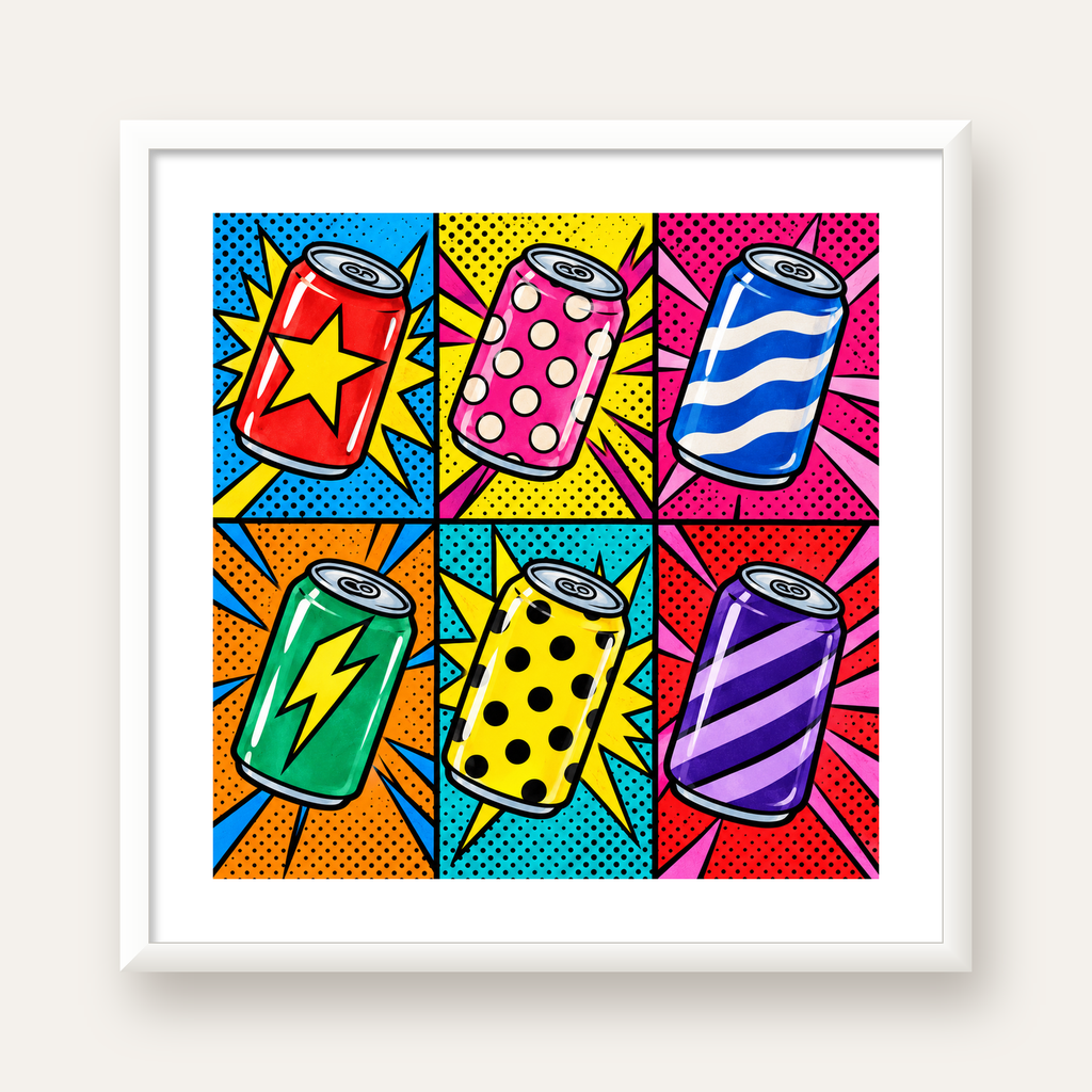 Pop Art Kutu İçecekler – Renkli Çizgi Roman Poster — beyaz çerçeveli kare poster