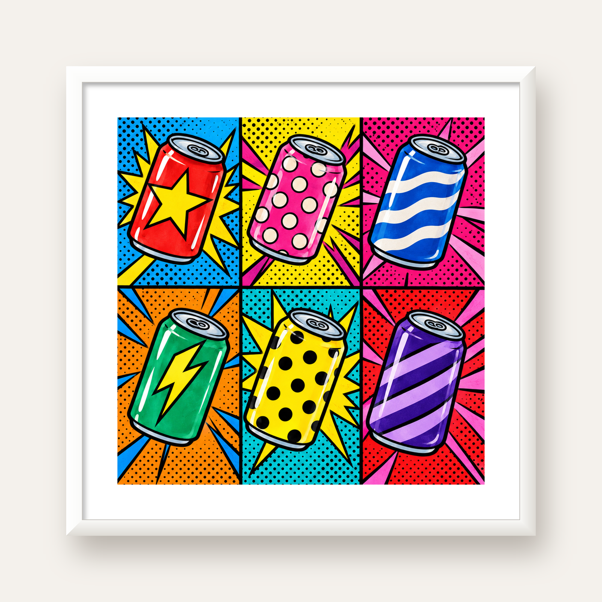 Pop Art Kutu İçecekler – Renkli Çizgi Roman Poster — beyaz çerçeveli kare poster