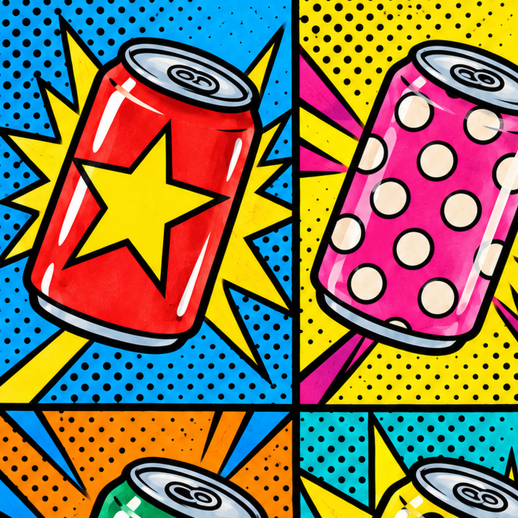 Pop Art Kutu İçecekler – Renkli Çizgi Roman Poster — baskının yakın çekimi, kâğıt dokusu ve renk detayı