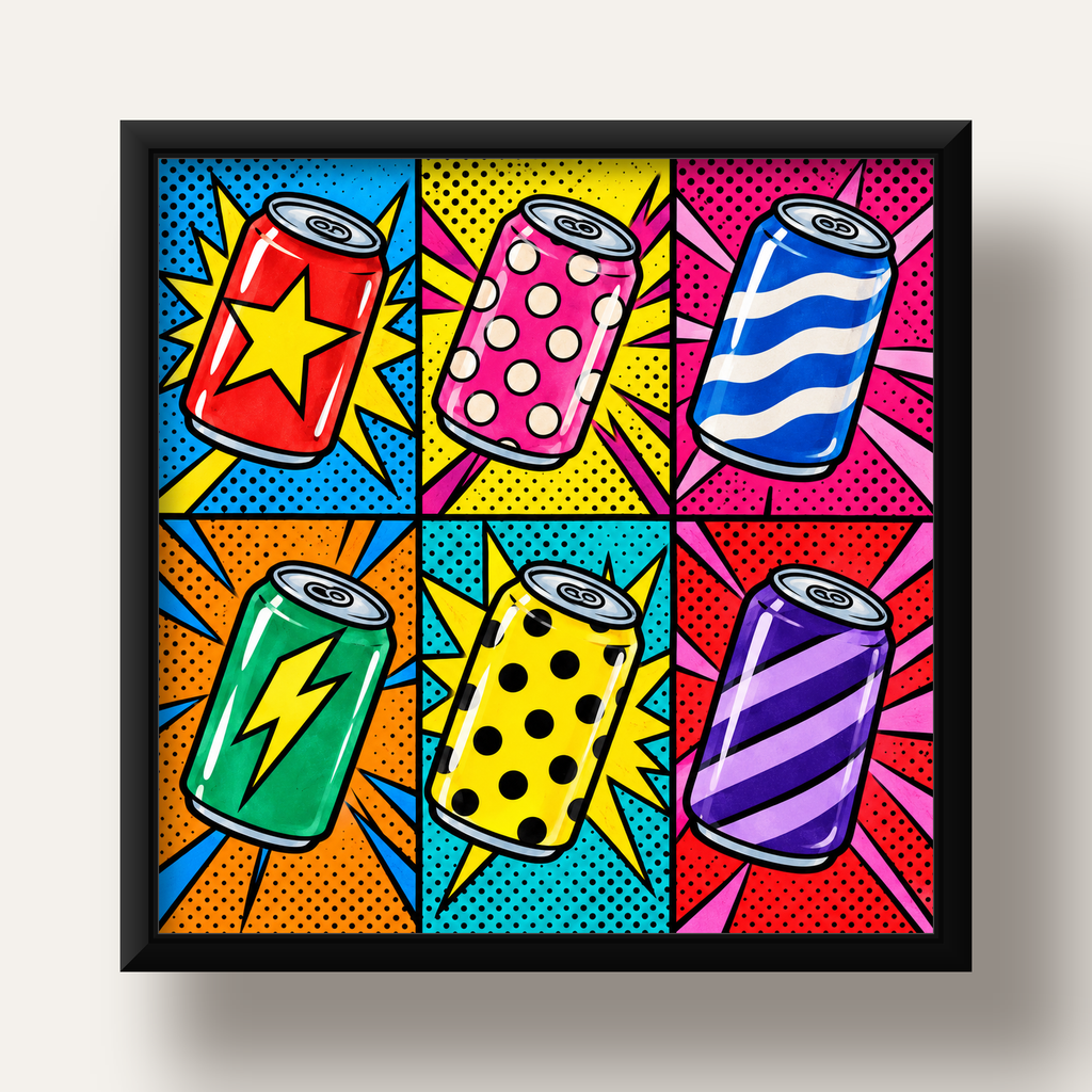Pop Art Kutu İçecekler – Renkli Çizgi Roman Poster — siyah derin çerçeveli