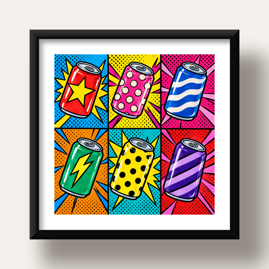 Pop Art Kutu İçecekler – Renkli Çizgi Roman Poster — siyah derin çerçeveli paspartulu