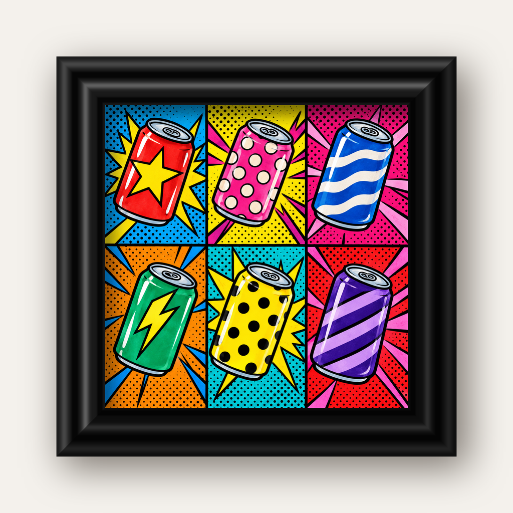 Pop Art Kutu İçecekler – Renkli Çizgi Roman Poster — siyah galeri çerçeveli