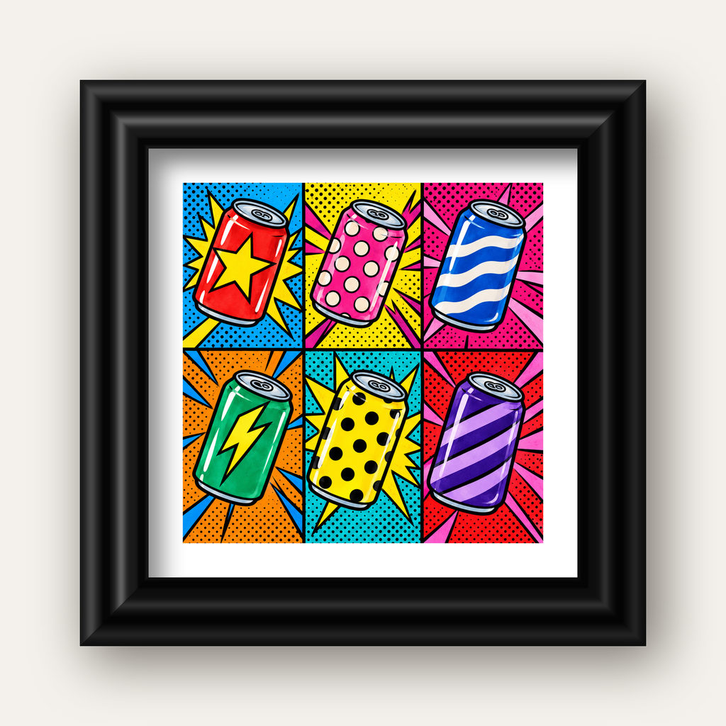 Pop Art Kutu İçecekler – Renkli Çizgi Roman Poster — siyah galeri çerçeveli paspartulu