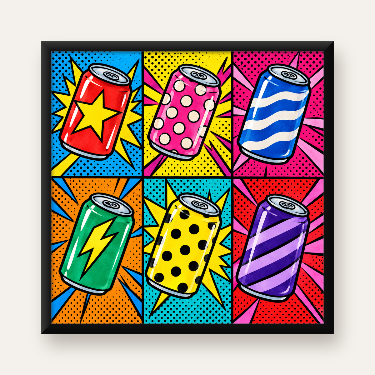 Pop Art Kutu İçecekler – Renkli Çizgi Roman Poster — Kare baskı, düz siyah çerçeveli duvar posteri