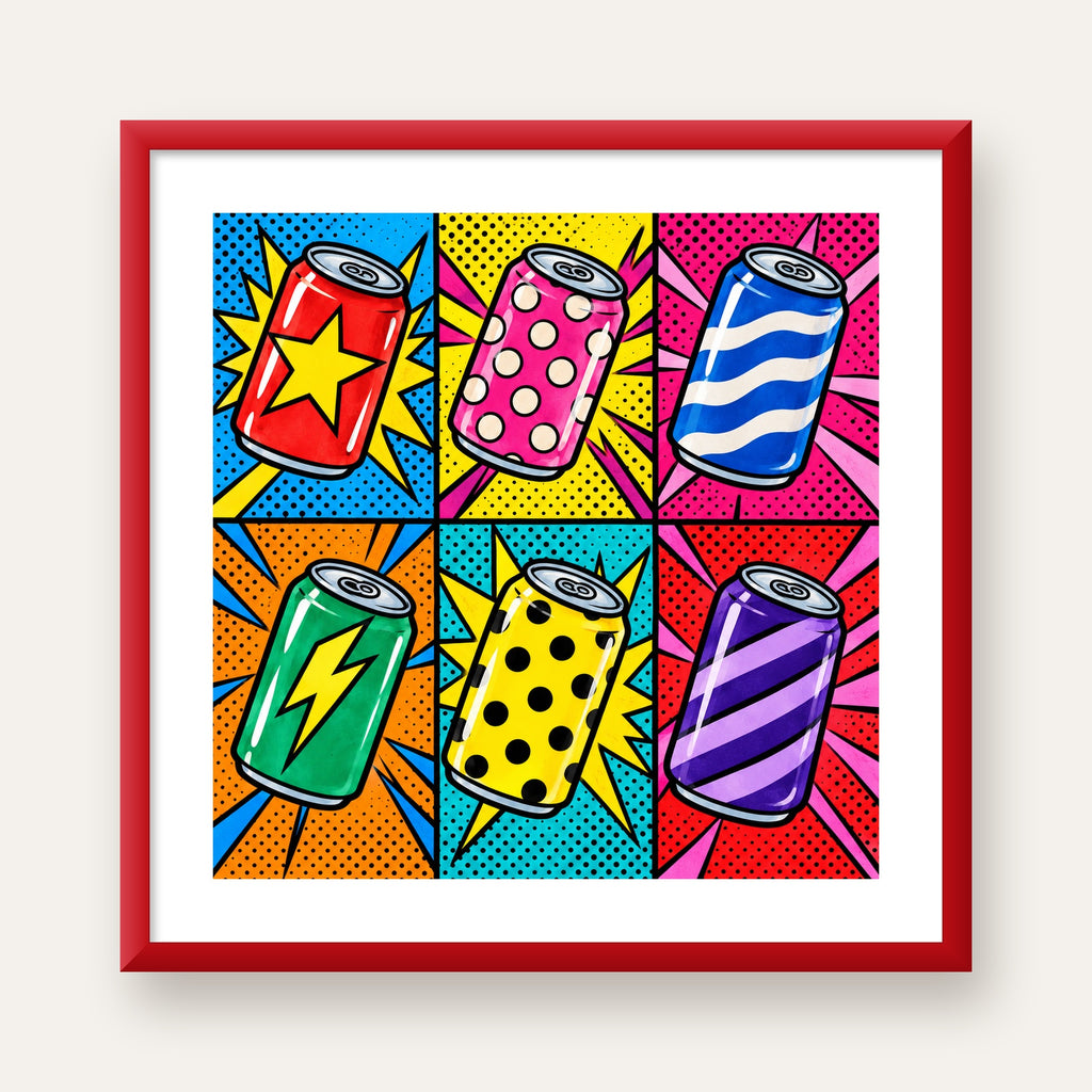 Pop Art Kutu İçecekler – Renkli Çizgi Roman Poster — kırmızı çerçeveli paspartulu