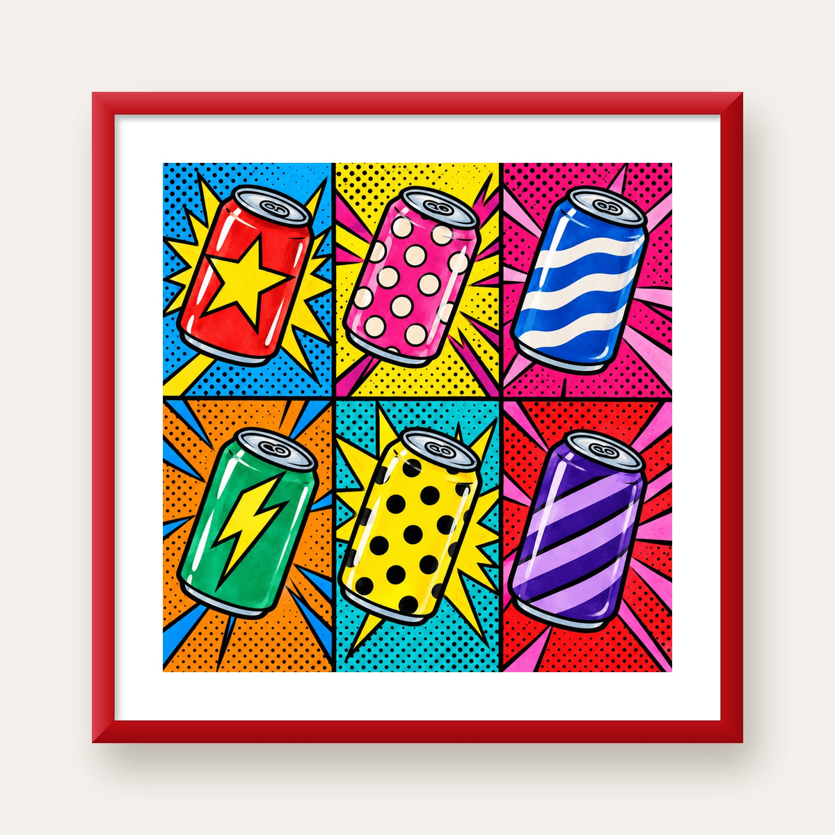 Pop Art Kutu İçecekler – Renkli Çizgi Roman Poster — kırmızı çerçeveli paspartulu