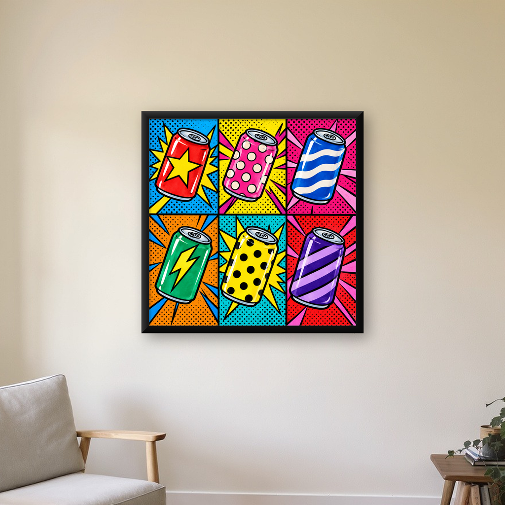 Pop Art Kutu İçecekler – Renkli Çizgi Roman Poster — Kare baskı, çerçeveli hâliyle bir ev duvarında