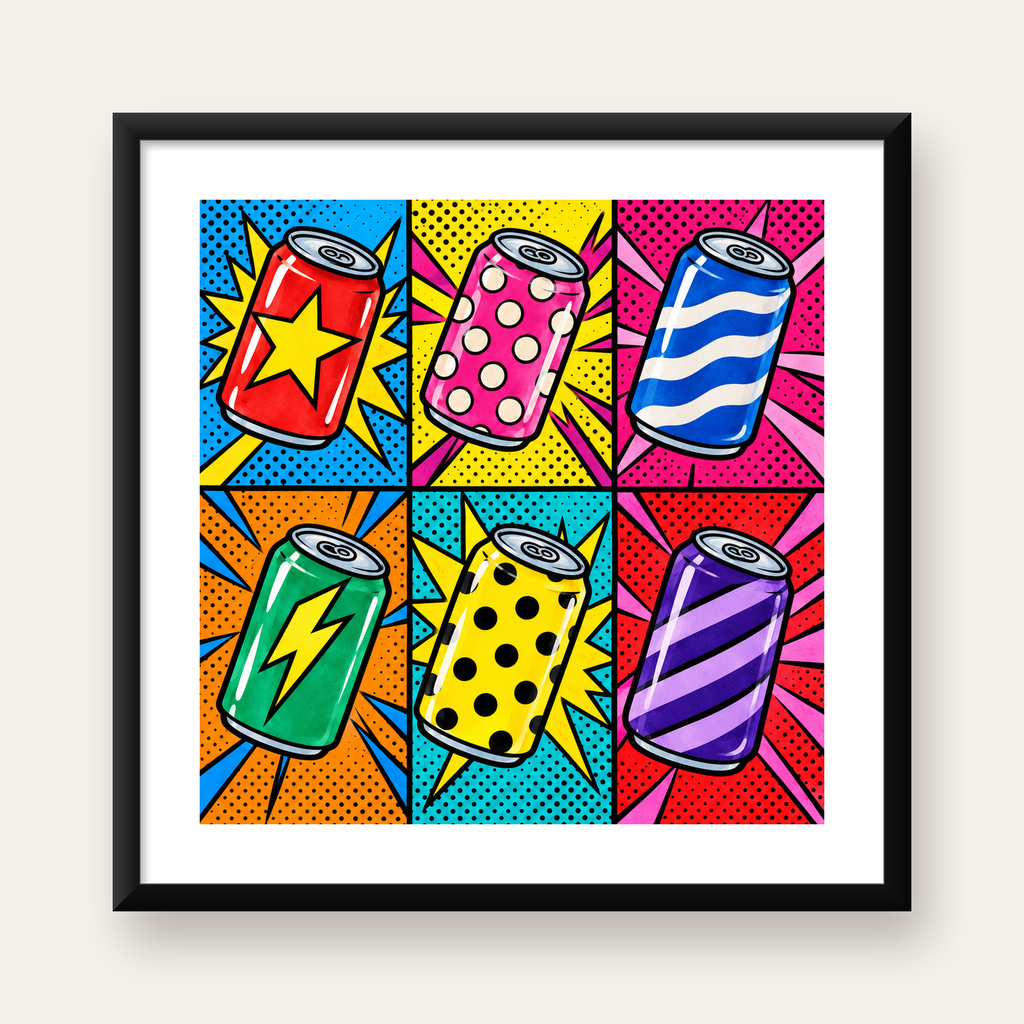 Pop Art Kutu İçecekler – Renkli Çizgi Roman Poster — Kare baskı, beyaz paspartulu