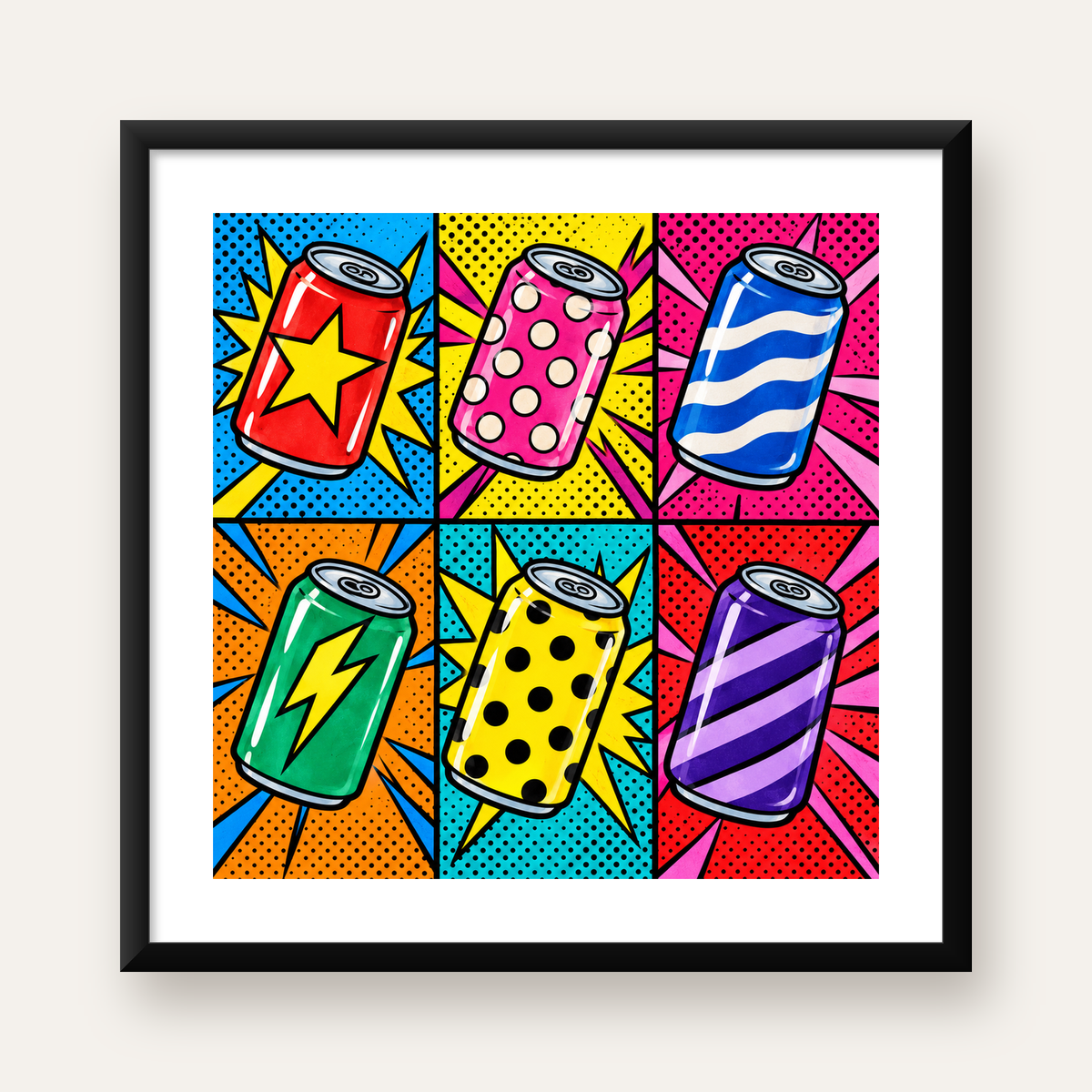 Pop Art Kutu İçecekler – Renkli Çizgi Roman Poster — Kare baskı, beyaz paspartulu