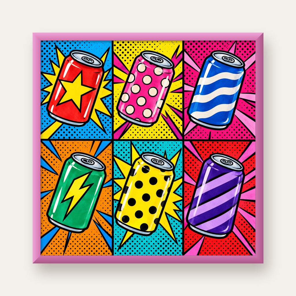 Pop Art Kutu İçecekler – Renkli Çizgi Roman Poster — pembe çerçeveli