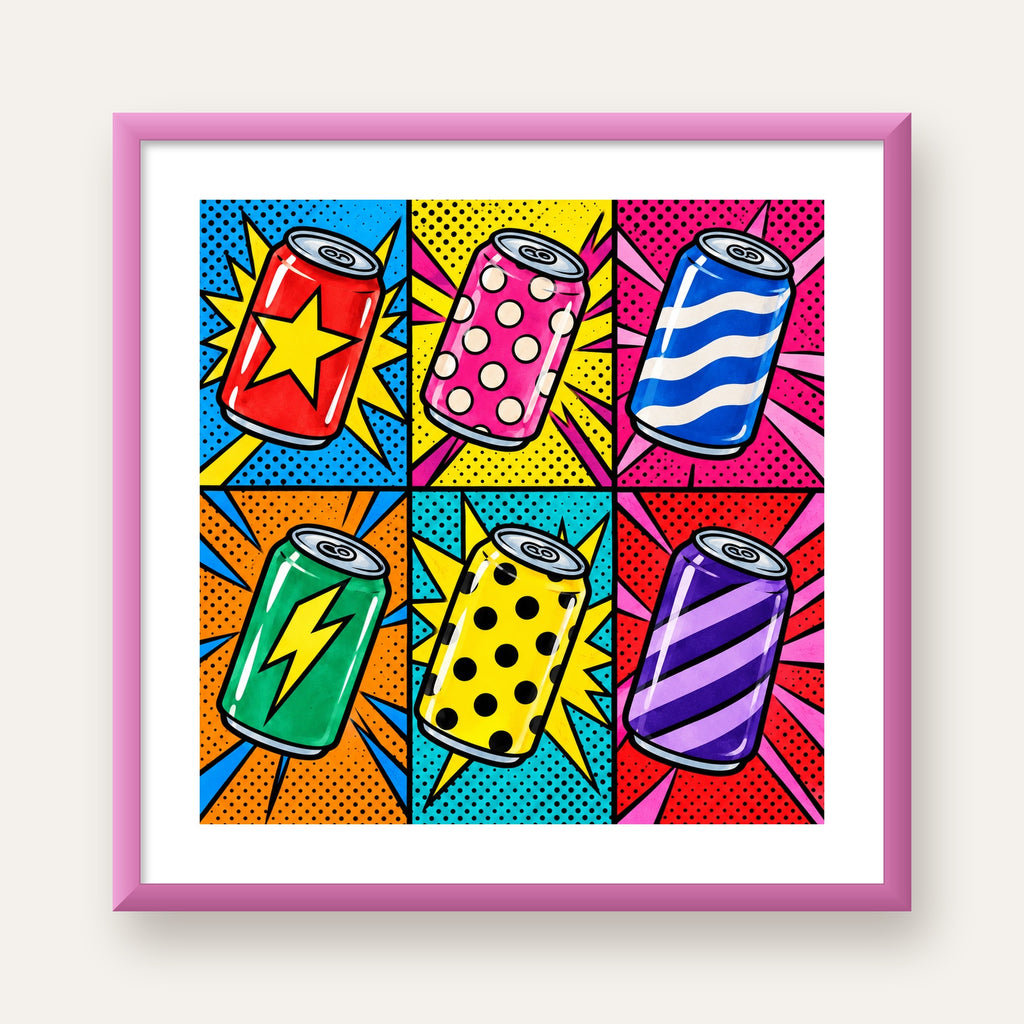 Pop Art Kutu İçecekler – Renkli Çizgi Roman Poster — pembe çerçeveli paspartulu