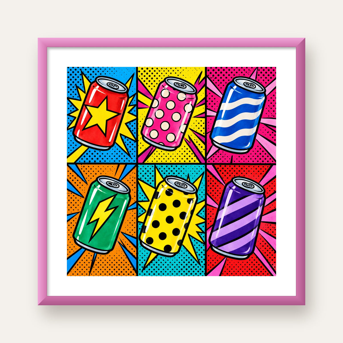 Pop Art Kutu İçecekler – Renkli Çizgi Roman Poster — pembe çerçeveli paspartulu