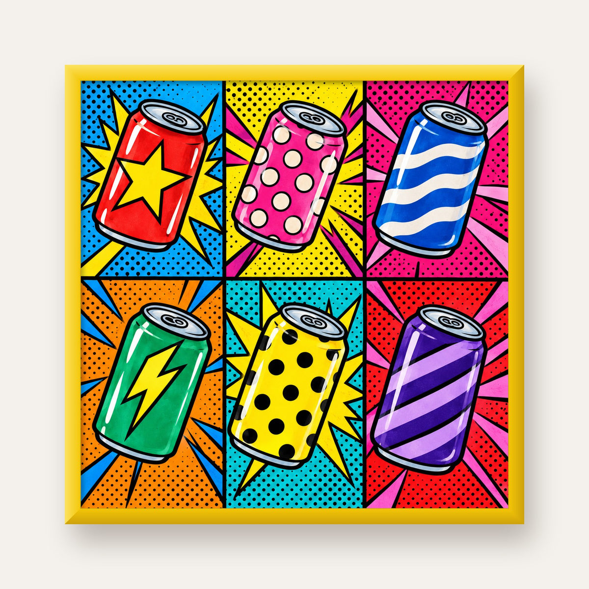 Pop Art Kutu İçecekler – Renkli Çizgi Roman Poster — sarı çerçeveli