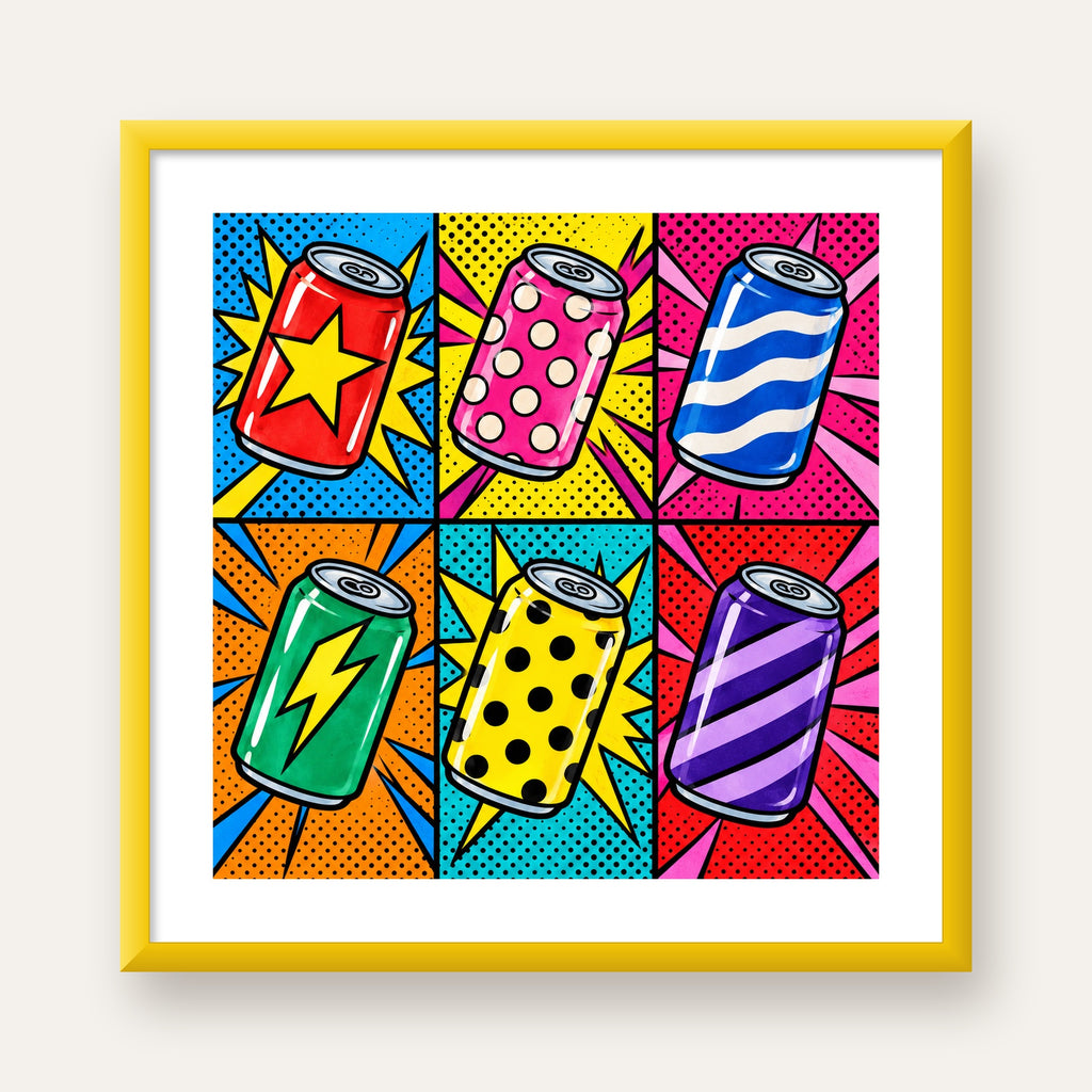 Pop Art Kutu İçecekler – Renkli Çizgi Roman Poster — sarı çerçeveli paspartulu