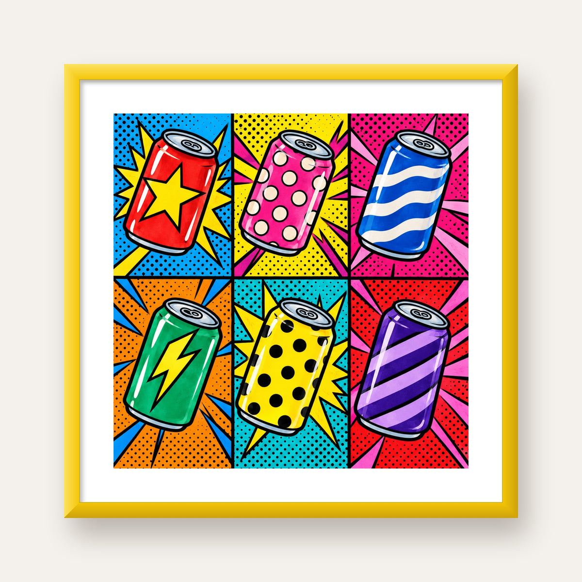 Pop Art Kutu İçecekler – Renkli Çizgi Roman Poster — sarı çerçeveli paspartulu