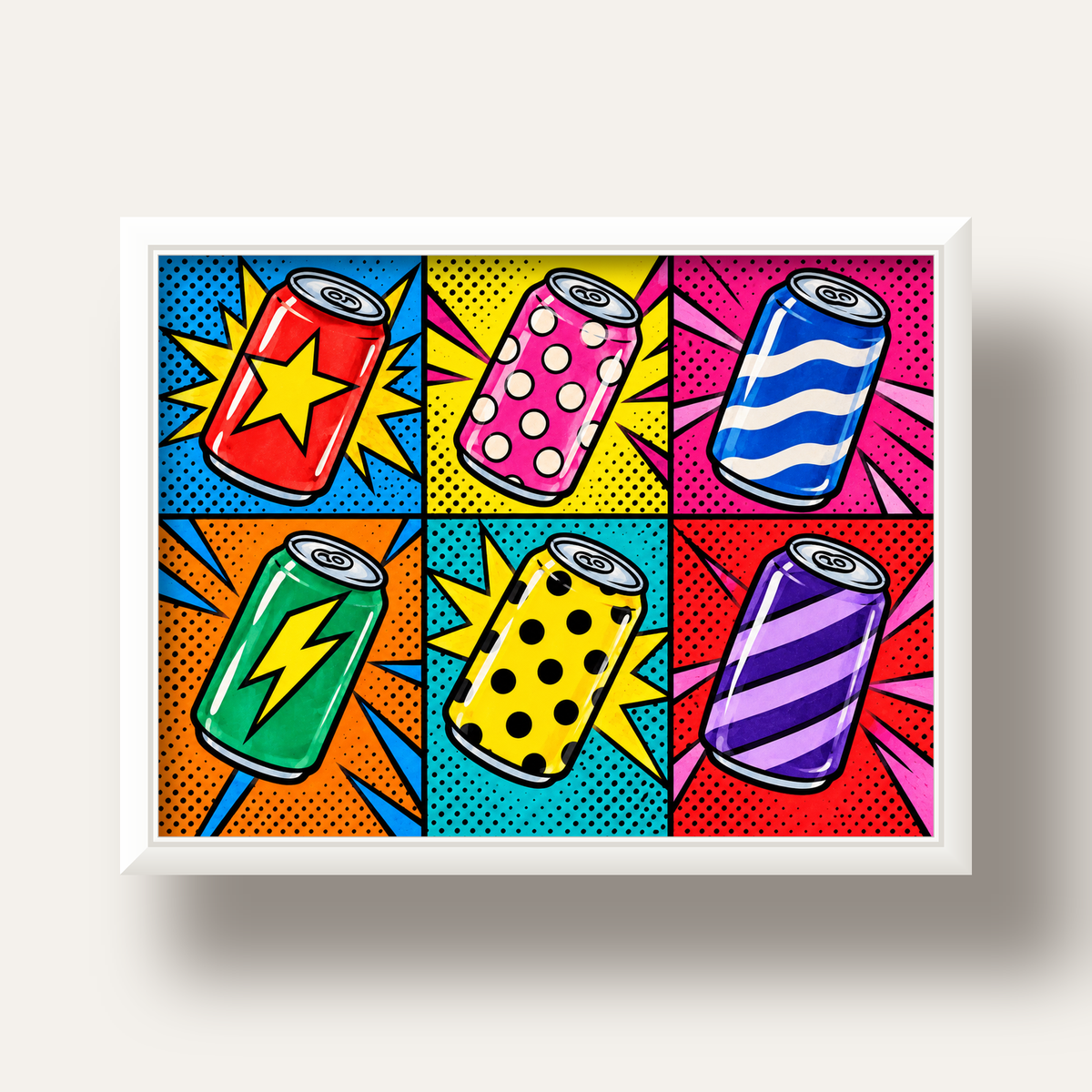 Pop Art Kutu İçecekler – Renkli Çizgi Roman Poster — beyaz derin çerçeveli