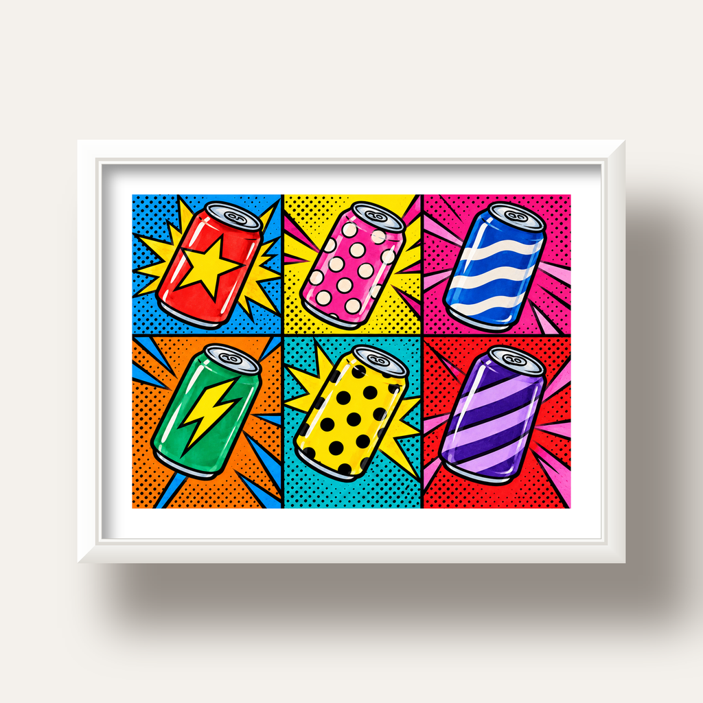 Pop Art Kutu İçecekler – Renkli Çizgi Roman Poster — beyaz derin çerçeveli paspartulu