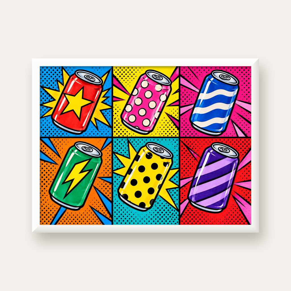Pop Art Kutu İçecekler – Renkli Çizgi Roman Poster — beyaz çerçeveli yatay poster