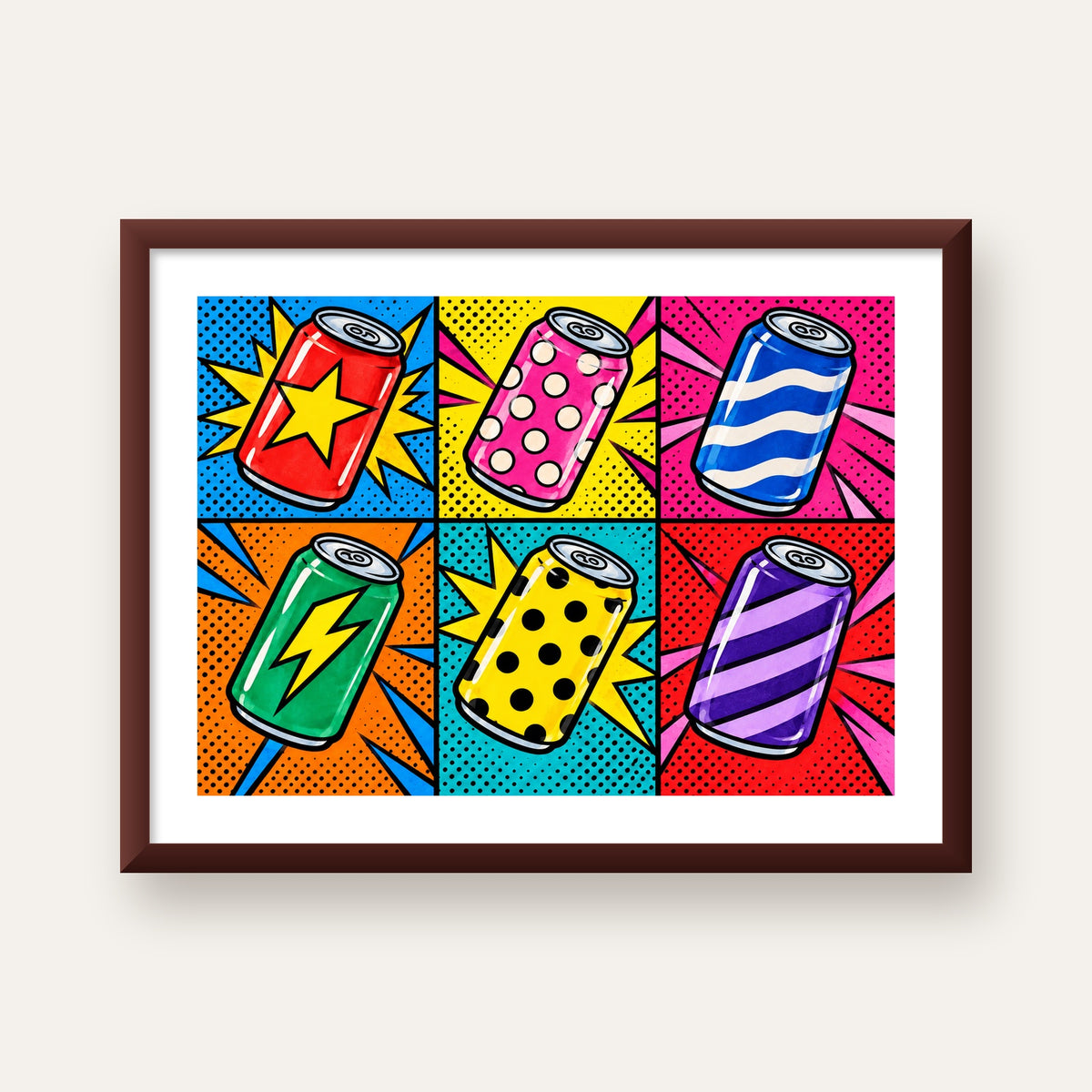 Pop Art Kutu İçecekler – Renkli Çizgi Roman Poster — ceviz çerçeveli paspartulu