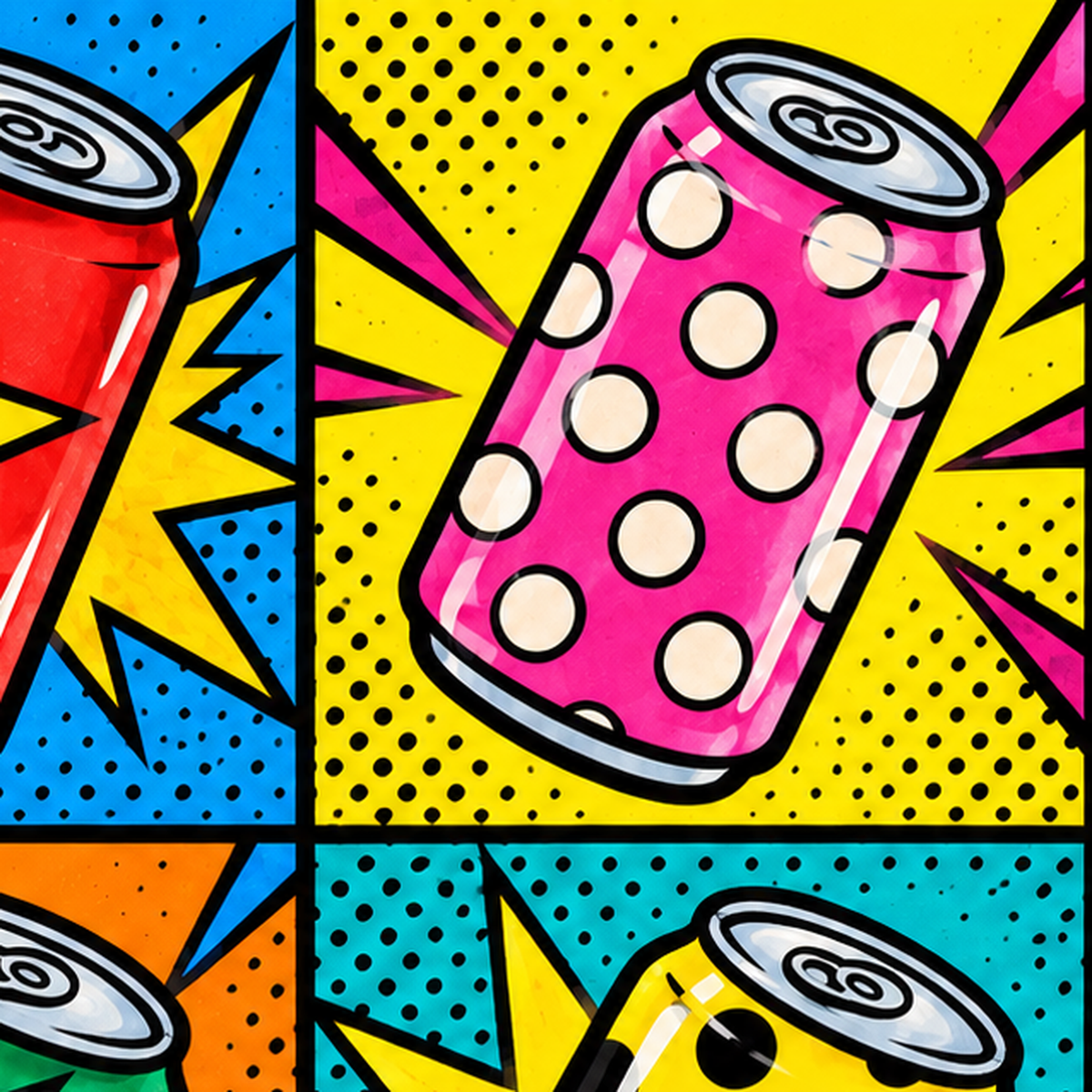 Pop Art Kutu İçecekler – Renkli Çizgi Roman Poster — baskının yakın çekimi, kâğıt dokusu ve renk detayı