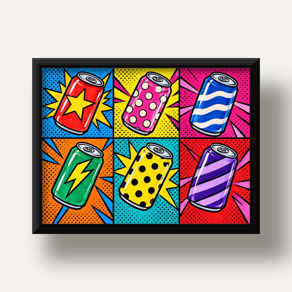 Pop Art Kutu İçecekler – Renkli Çizgi Roman Poster — siyah derin çerçeveli