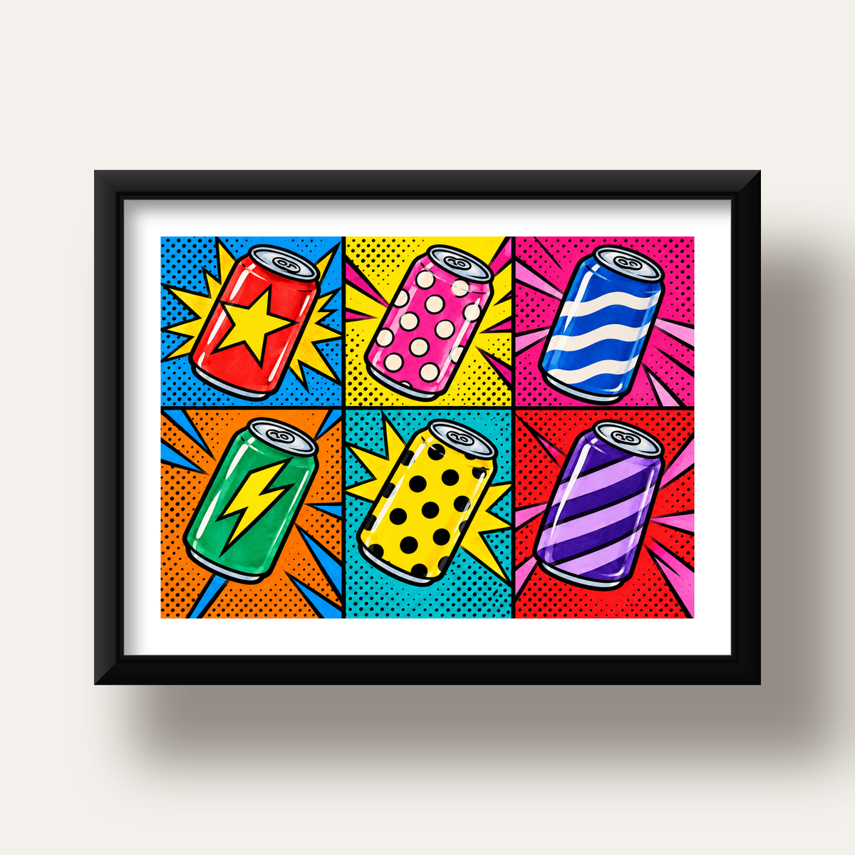 Pop Art Kutu İçecekler – Renkli Çizgi Roman Poster — siyah derin çerçeveli paspartulu