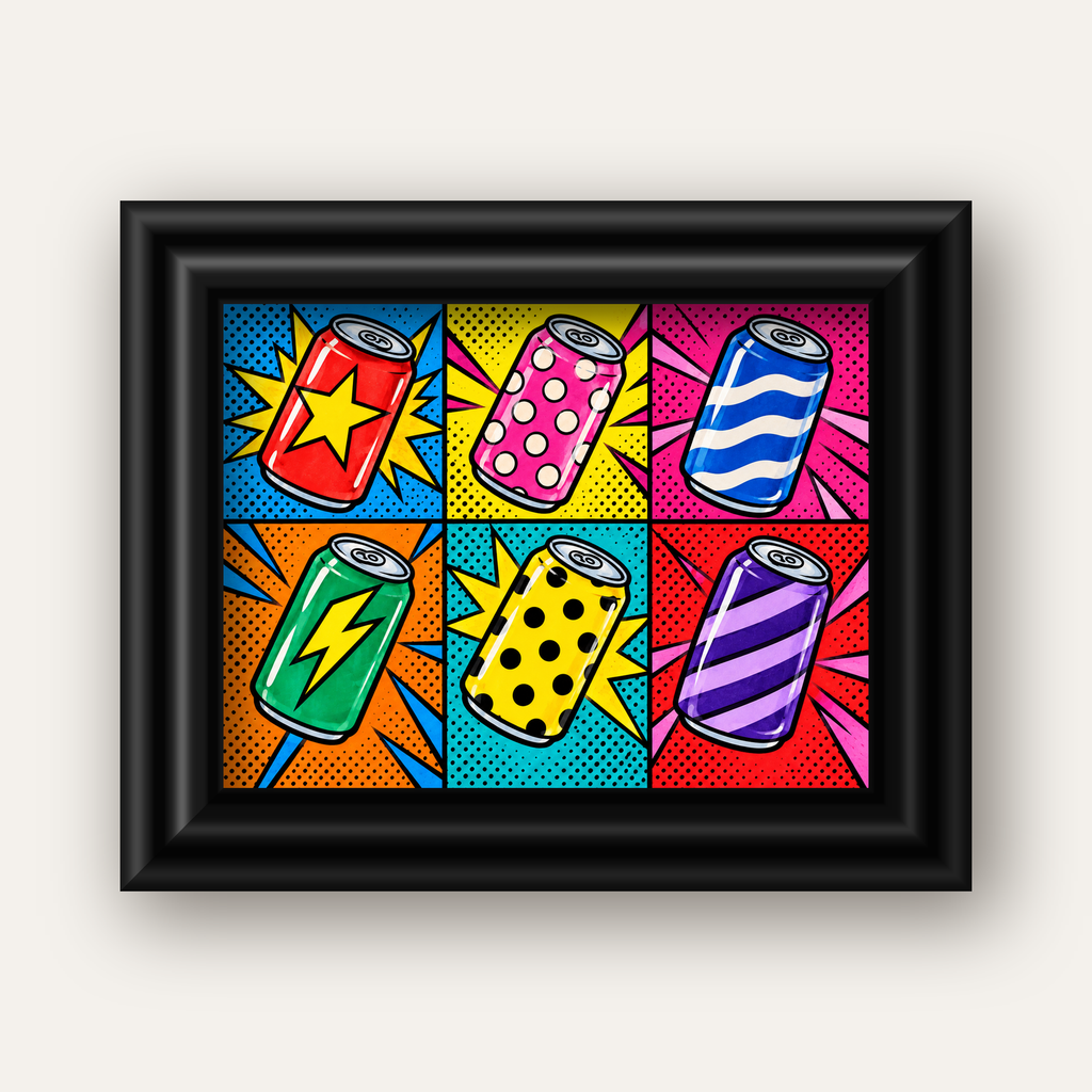 Pop Art Kutu İçecekler – Renkli Çizgi Roman Poster — siyah galeri çerçeveli