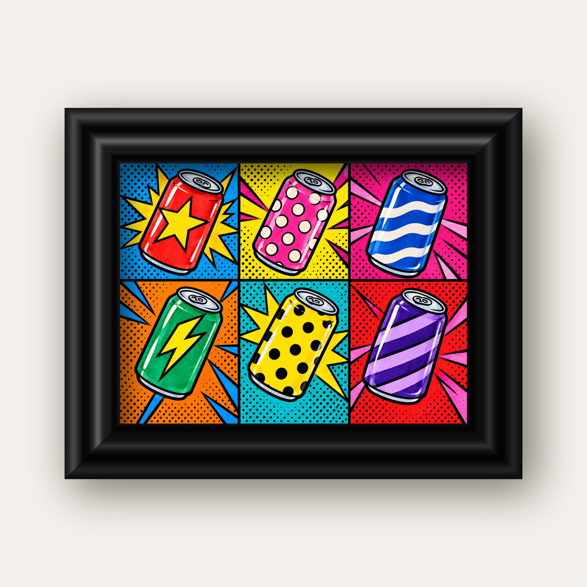 Pop Art Kutu İçecekler – Renkli Çizgi Roman Poster — siyah galeri çerçeveli