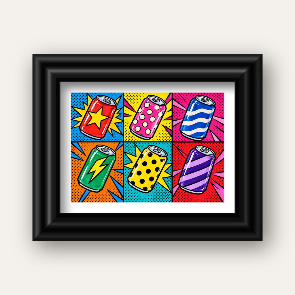 Pop Art Kutu İçecekler – Renkli Çizgi Roman Poster — siyah galeri çerçeveli paspartulu