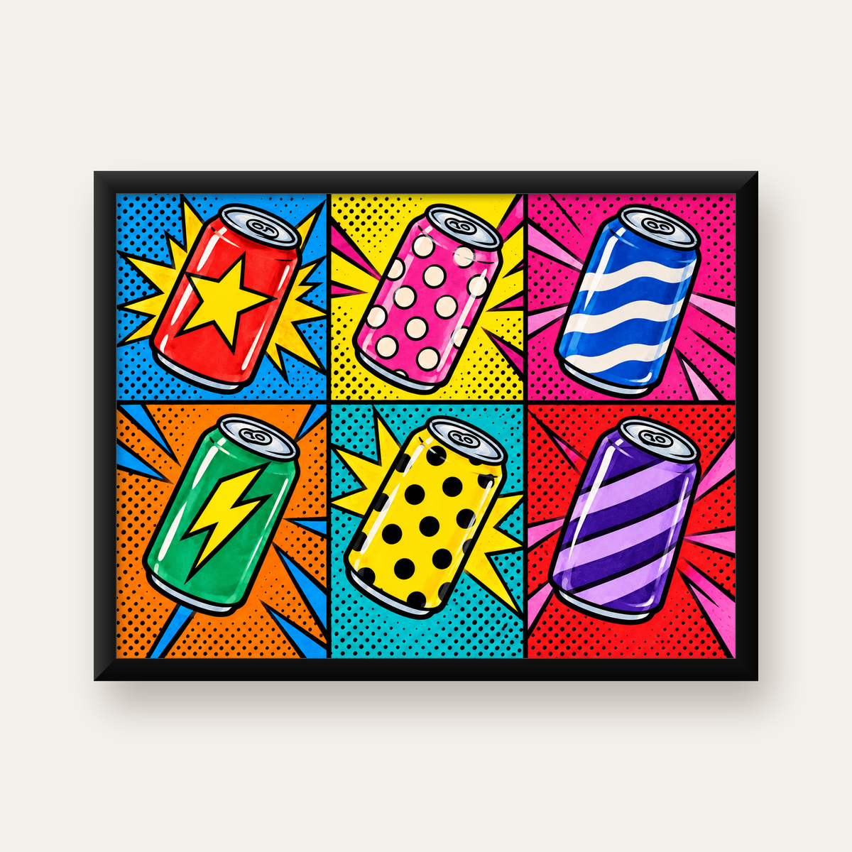 Pop Art Kutu İçecekler – Renkli Çizgi Roman Poster — Yatay baskı, düz siyah çerçeveli duvar posteri