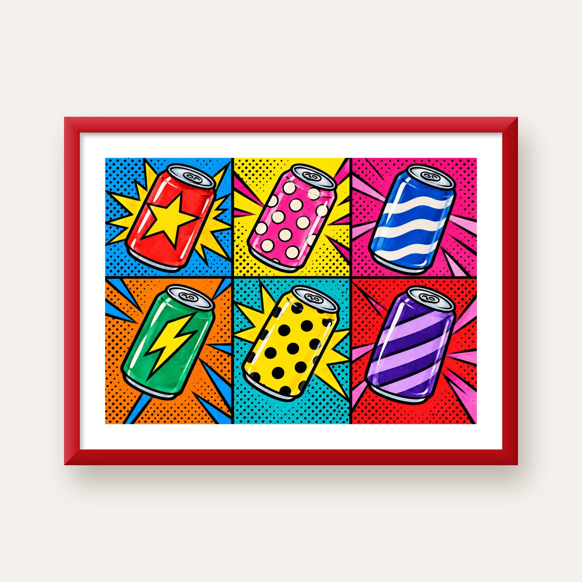 Pop Art Kutu İçecekler – Renkli Çizgi Roman Poster — kırmızı çerçeveli paspartulu