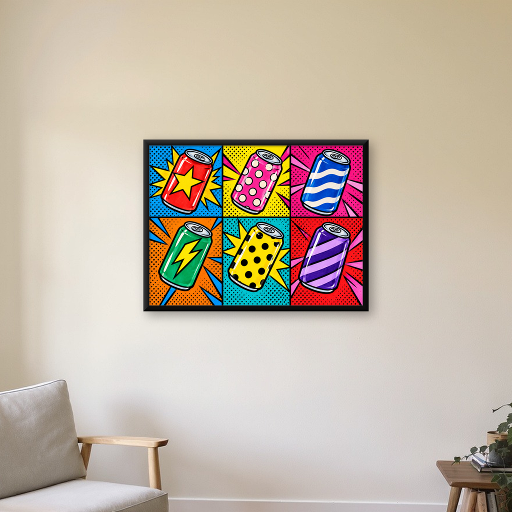 Pop Art Kutu İçecekler – Renkli Çizgi Roman Poster — Yatay baskı, çerçeveli hâliyle bir ev duvarında