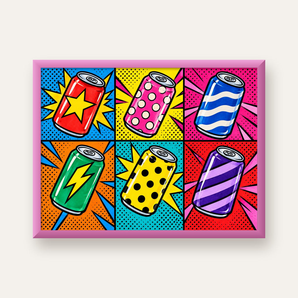 Pop Art Kutu İçecekler – Renkli Çizgi Roman Poster — pembe çerçeveli