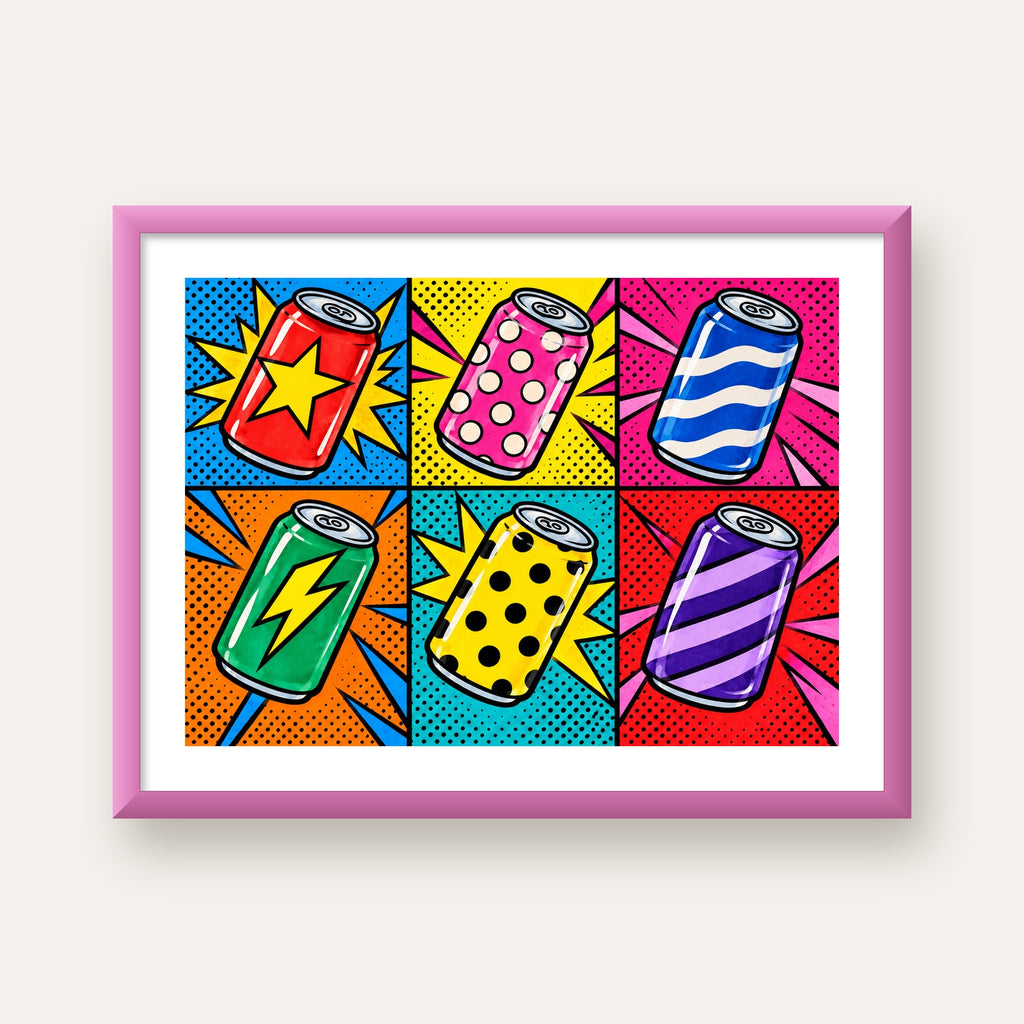 Pop Art Kutu İçecekler – Renkli Çizgi Roman Poster — pembe çerçeveli paspartulu