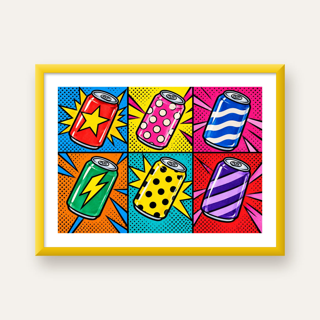 Pop Art Kutu İçecekler – Renkli Çizgi Roman Poster — sarı çerçeveli paspartulu