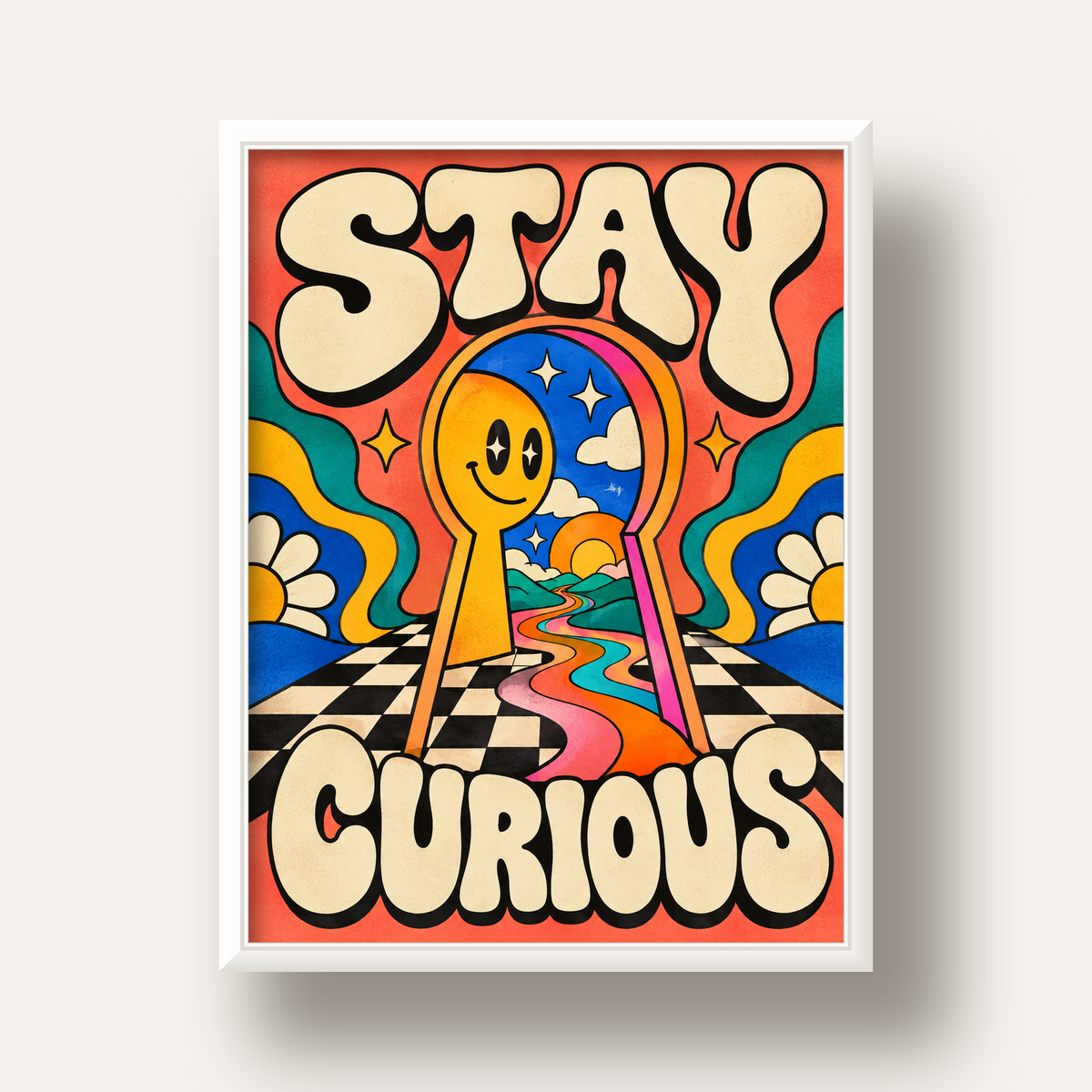 Psikedelik Anahtar Deliği ve STAY CURIOUS Poster Baskı — beyaz derin çerçeveli