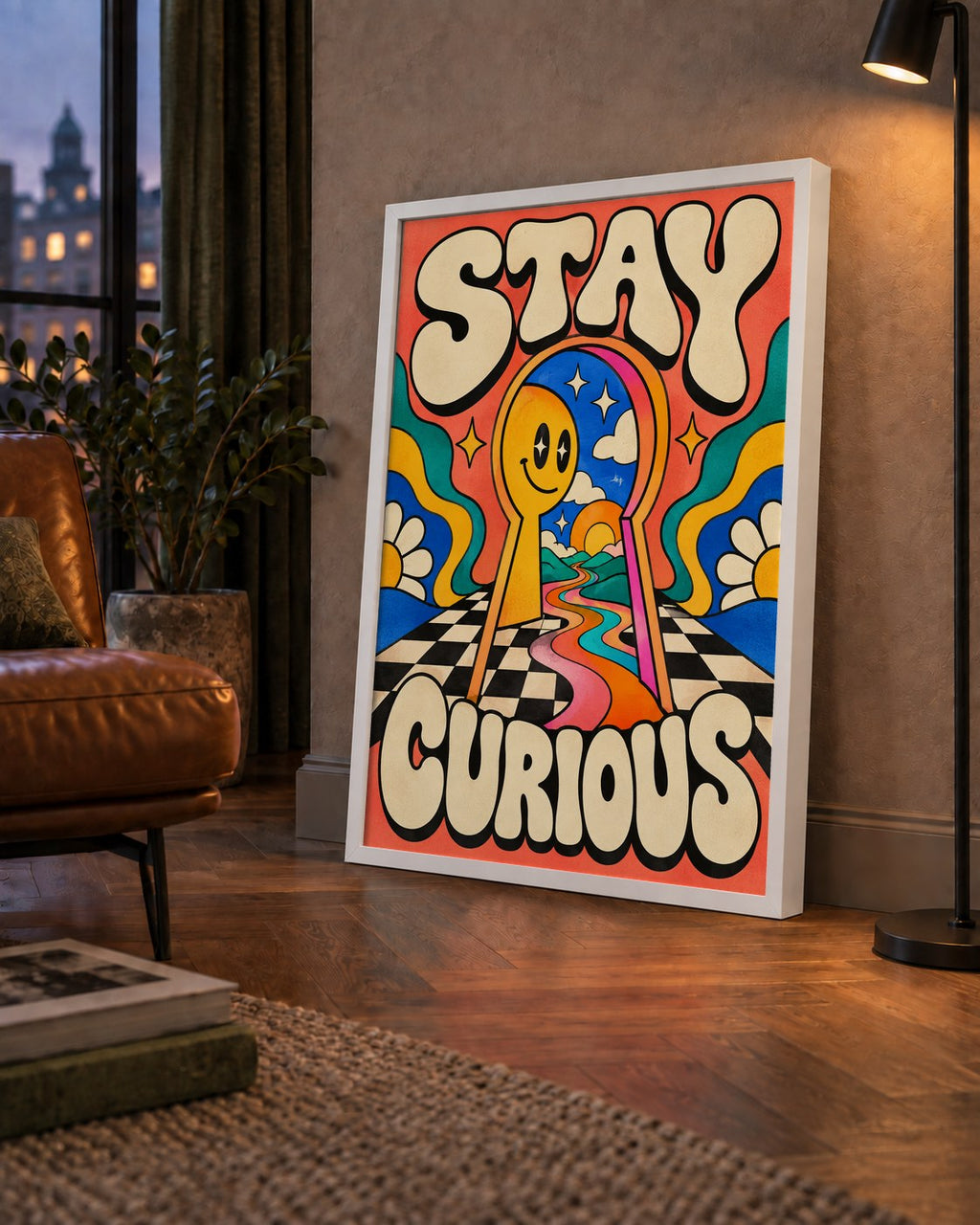 Psikedelik Anahtar Deliği ve STAY CURIOUS Poster Baskı — çerçeveli hâliyle bir ev duvarında